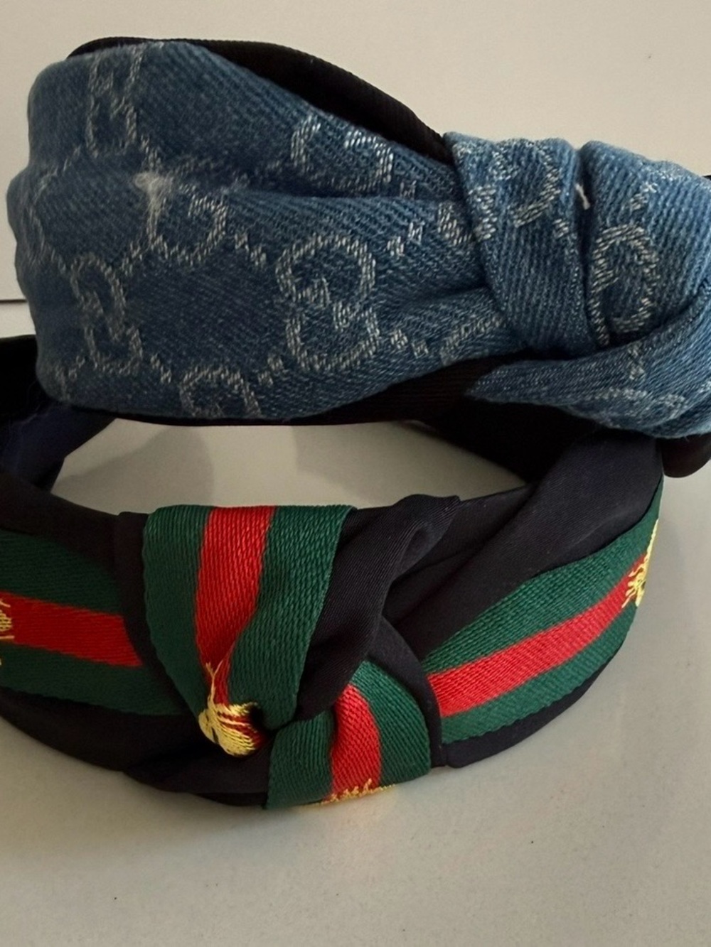 Set of two Blue Denim and Black Striped Knot Headbands